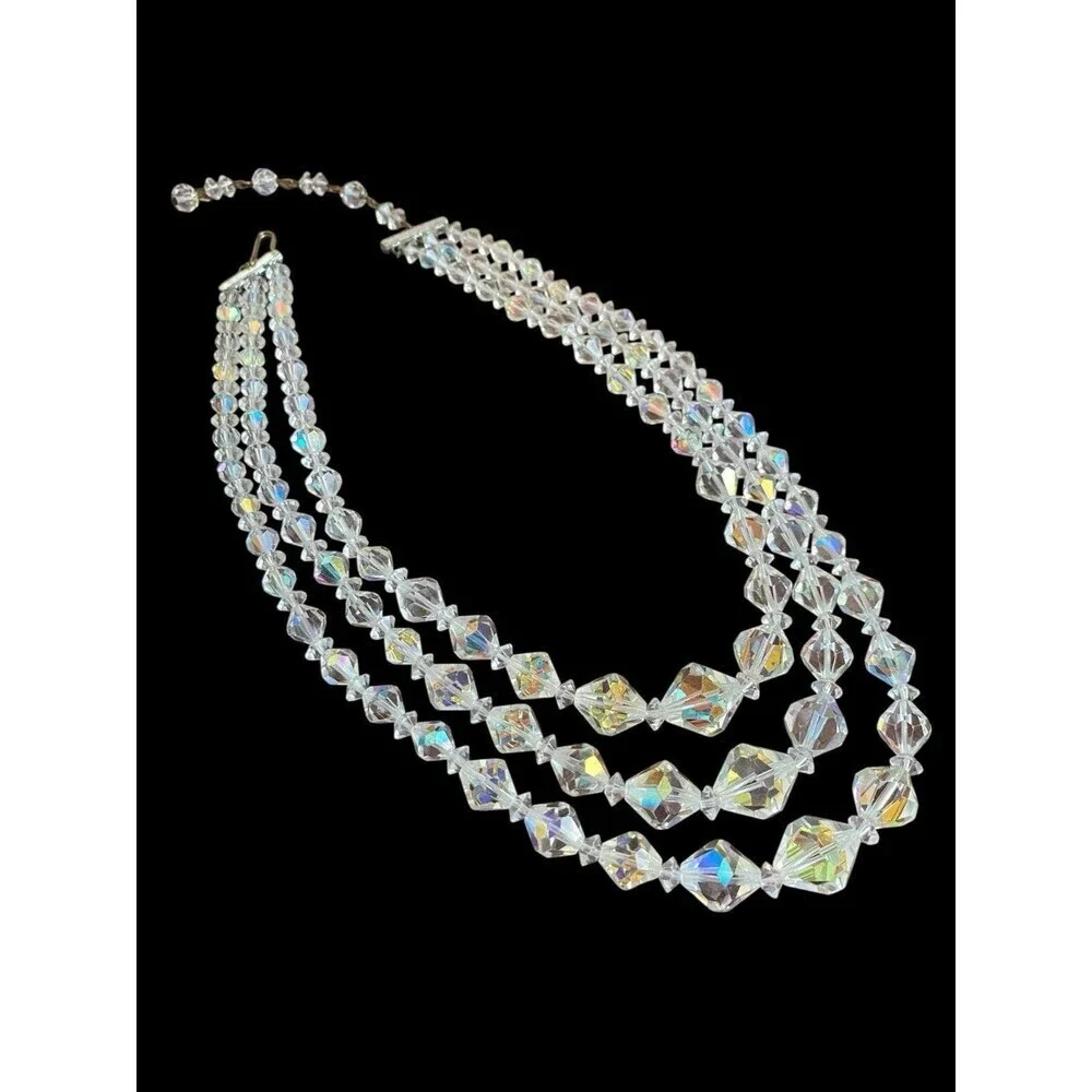 Vintage Necklace Triple Strand Aurora Borealis Graduated  Faceted Up to 17